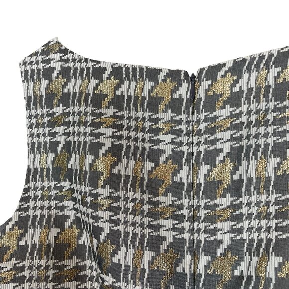 Albert Nipon Houndstooth Plaid Metallic Cocktail Dress Gray Ivory Gold Size 8 - Picture 4 of 8